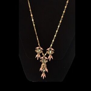J Crew Art Deco Crystal Pendant Necklace Enamel Pink Green Clear Gold Tone Chain